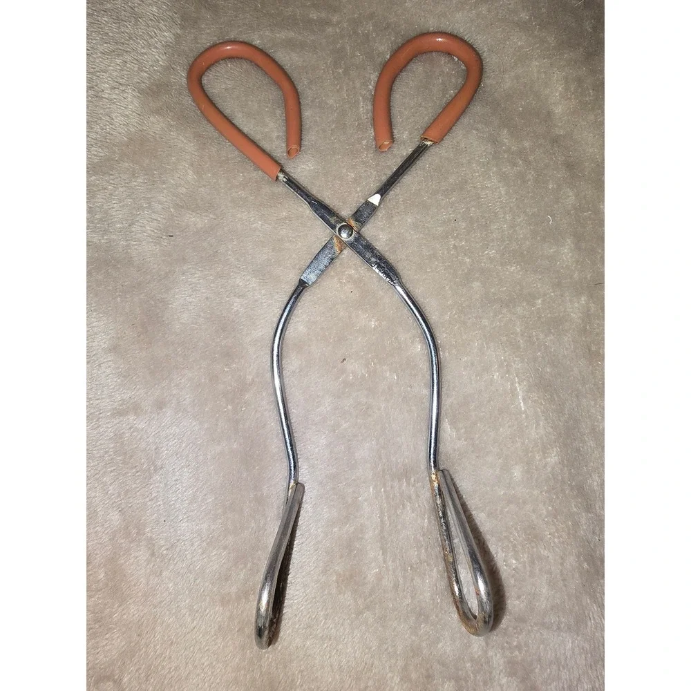 Vintage Scissor Tongs Metal Kitchen Utility Tool Orange Rubber Handles Taiwan